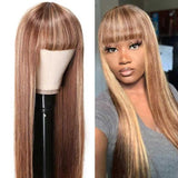 Amella Highlight Straight Virgin Hair Wigs Glueless Honey Brown Wig With Bang 180% Density
