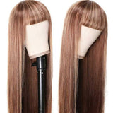 Amella Human Virgin Hair Wigs Blonde mix color Straight Glueless Wig With Bang 180% Density - amellahair