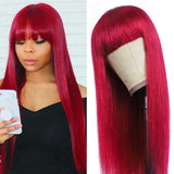 Amella Burgundy Silk Straight Human Hair Wigs with Bangs Glueless Machine Made Wigs for Women Real Hair Wig