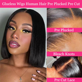 Amella 4×4 Straight Bob Wear and Go Glueless Wigs Human Hair Pre-Plucked Pre-Cut Pre-Bleached Lace Frontal Wigs 180% Density 100% Human Hair for Women Closure Wigs Human Hair for Beginners Friendly