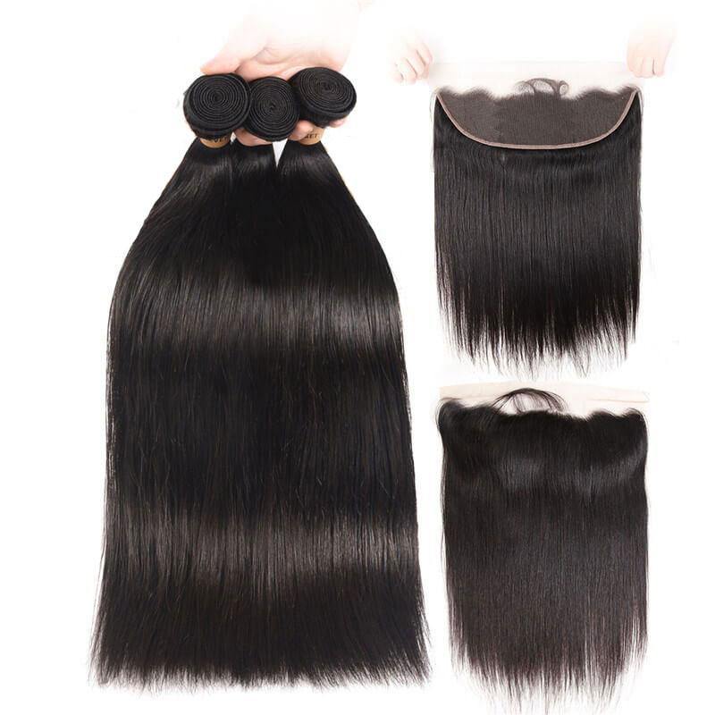 Brazilian 3 Bundles With Lace Frontal Closure Soft Straight Human Hair - amellahair