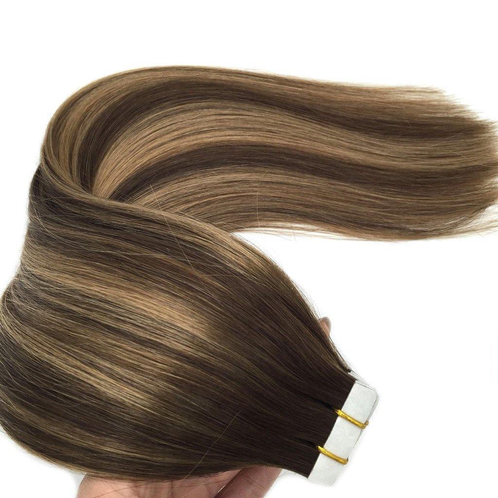 Amella 20pcs 50g Human Hair Extensions Straight  Tape in Ombre Chocolate Brown Color #4/27/4 - amellahair