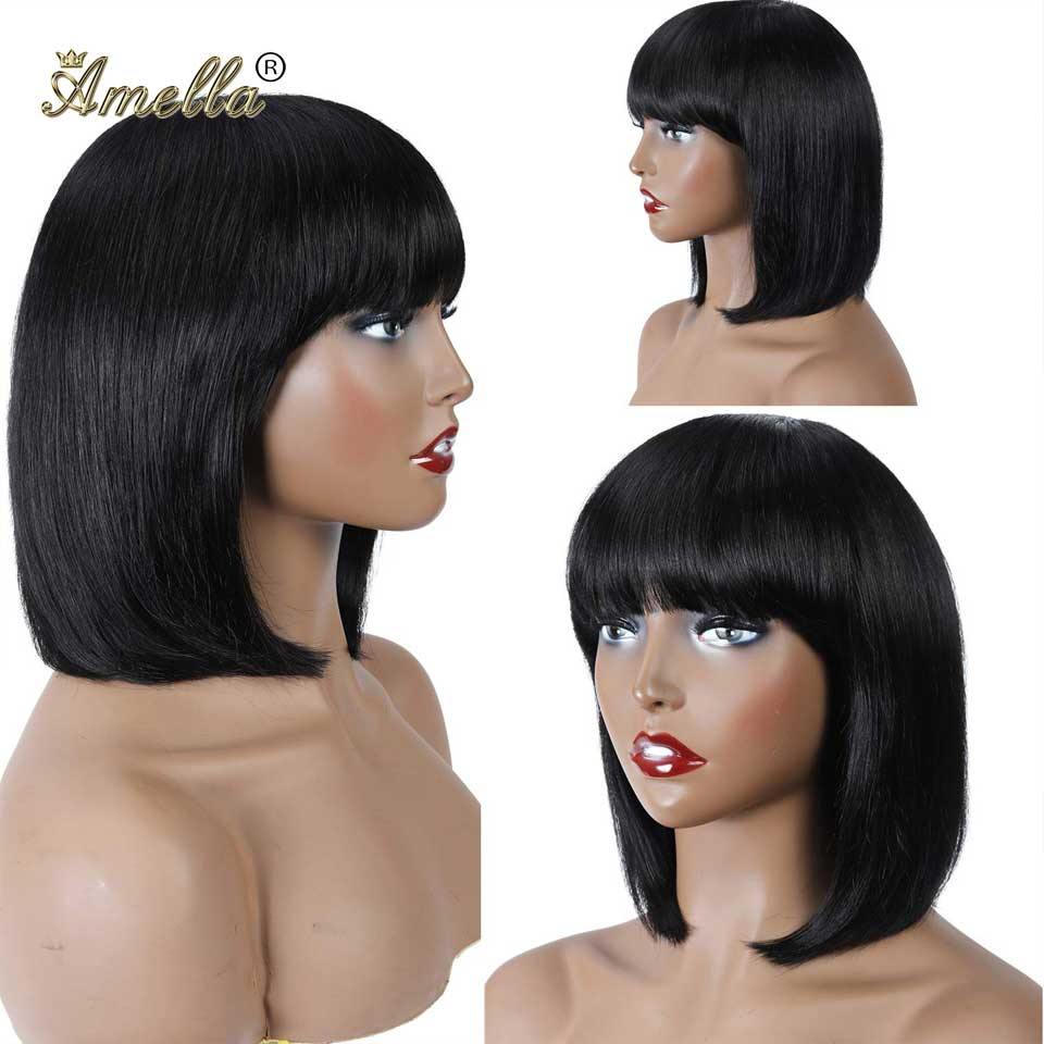 Amella Human Hair Wigs Crazy Sale Short Non-Lace Human Hair Bob Wigs with Bang 150% Density - amellahair