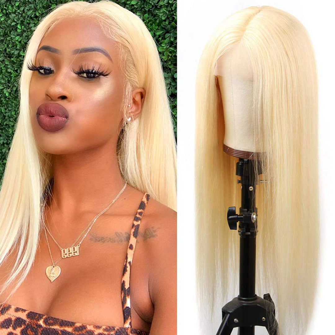 Amella Human Hair Wigs Blonde 613 Straight 4x4 Lace Closure Pre-plucked Wig-amellahair