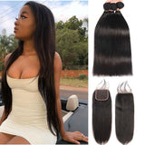 Amella Straight Hair 3 Bundles Peruvian Human Hair Weft With 4x4 Lace Closure