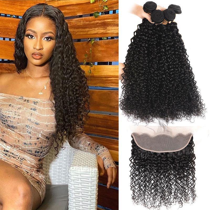 Brazilian Curly With Frontal 4 Bundles With 13x4 Lace Frontal - amellahair