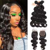 Amella Body Wave Hair 4x4 Lace Closure With 4 Bundles Human Hair Weaves Natural Color
