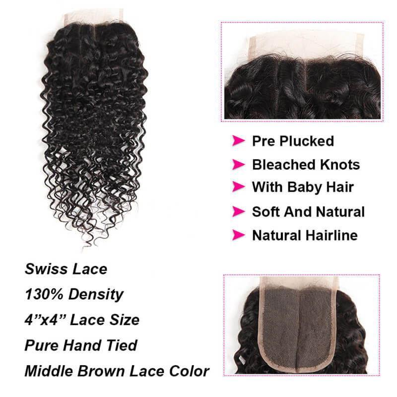 Brazilian Curly With Lace Closure 4 Bundles 4x4 Closure - amellahair