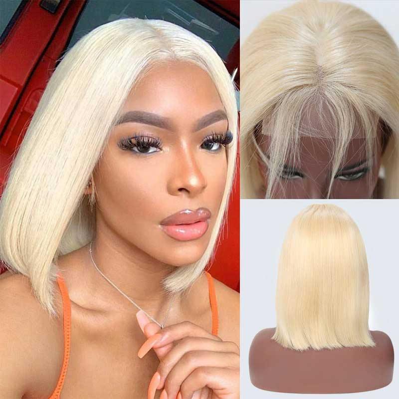 Amella Human Hair Wigs Short Straight Blonde 613 Bob Wig 4x4 Lace Closure Wig - amellahair