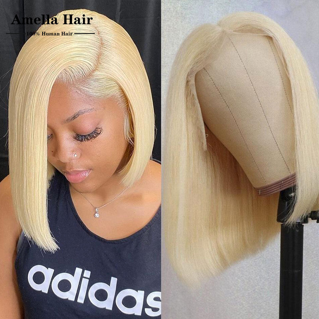 Amella Short Honey Blonde Bob 180% Density Lace Front Wig Real Human Hair - amellahair