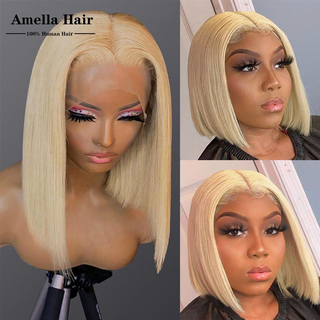 Amella Short Honey Blonde Bob 180% Density Lace Front Wig Real Human Hair - amellahair
