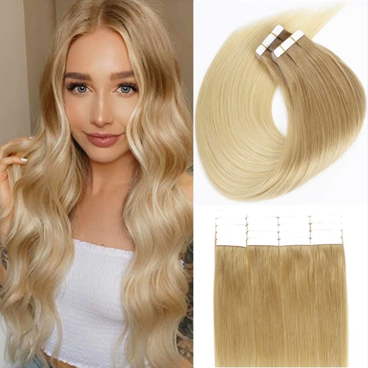Tape in Hair Extensions Human Hair Golden Brown to Platinum Blonde T#1 ...