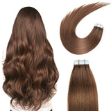 Amella Tape in Hair Extensions Chocolate Brown 100% Remy Human Hair 20pcs 50g/pack Straight Seamless Skin Weft( #4 Dark Brown)