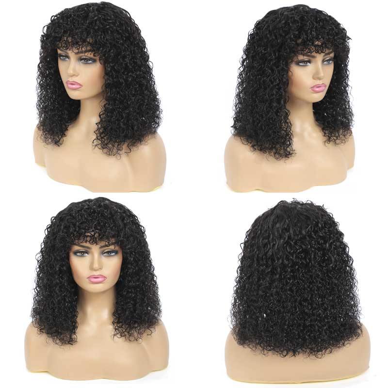 Amella Glue Free Human Hair Wigs Non-Lace Curly Wig With Free Part Curly/Straight Bangs Breathable Wig Super Affordable - amellahair