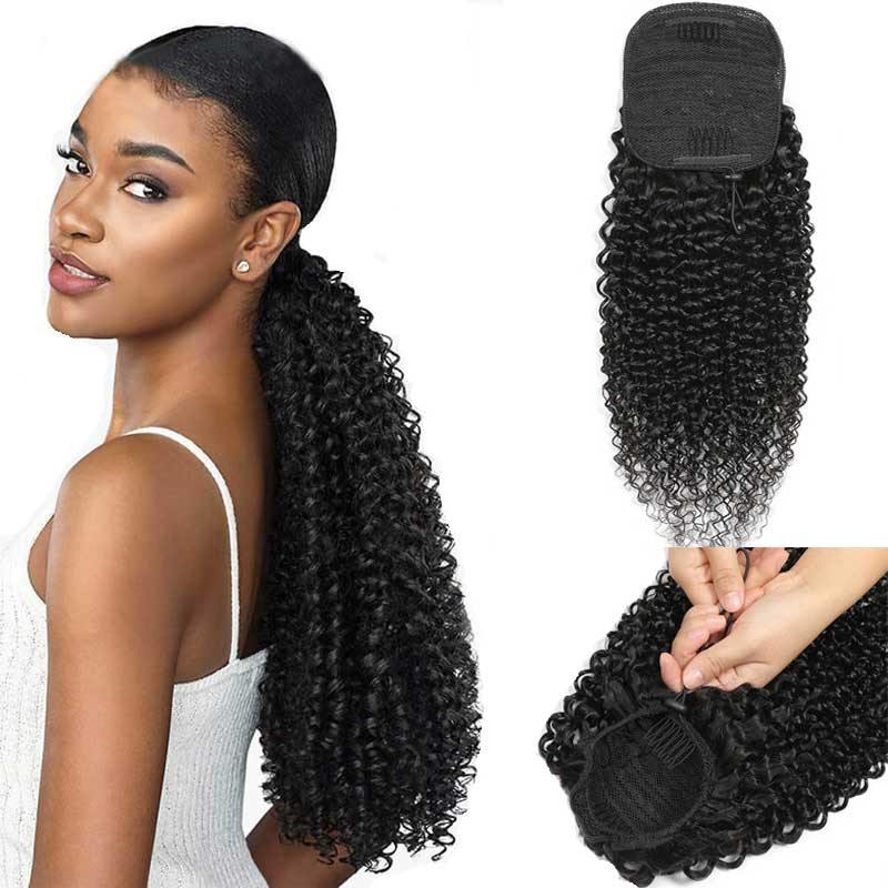 Amella Human Hair Wigs Natural Black Straight/Wavy/Curly Drawstring Ponytail Clip In Hairpiece - amellahair