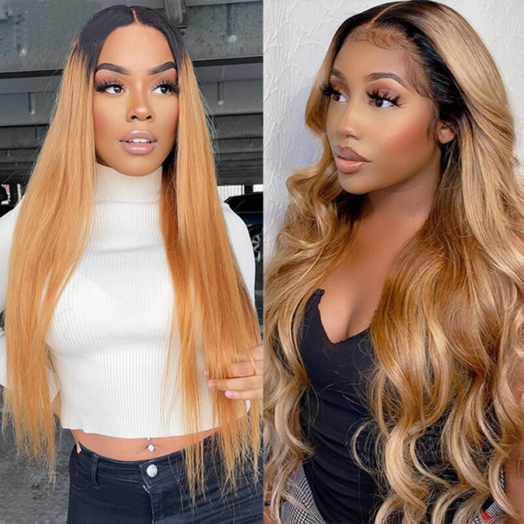 Amella Straight/Body Wave #1B27 Ombre Wig 13x4 Lace Front Human Hair Wigs Fashion Style 180% Density