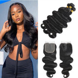 Amella Hair Body Wave 3 Bundles With Closure Middle Part 100% Virgin Remy Human Hair T Part Lace Closure