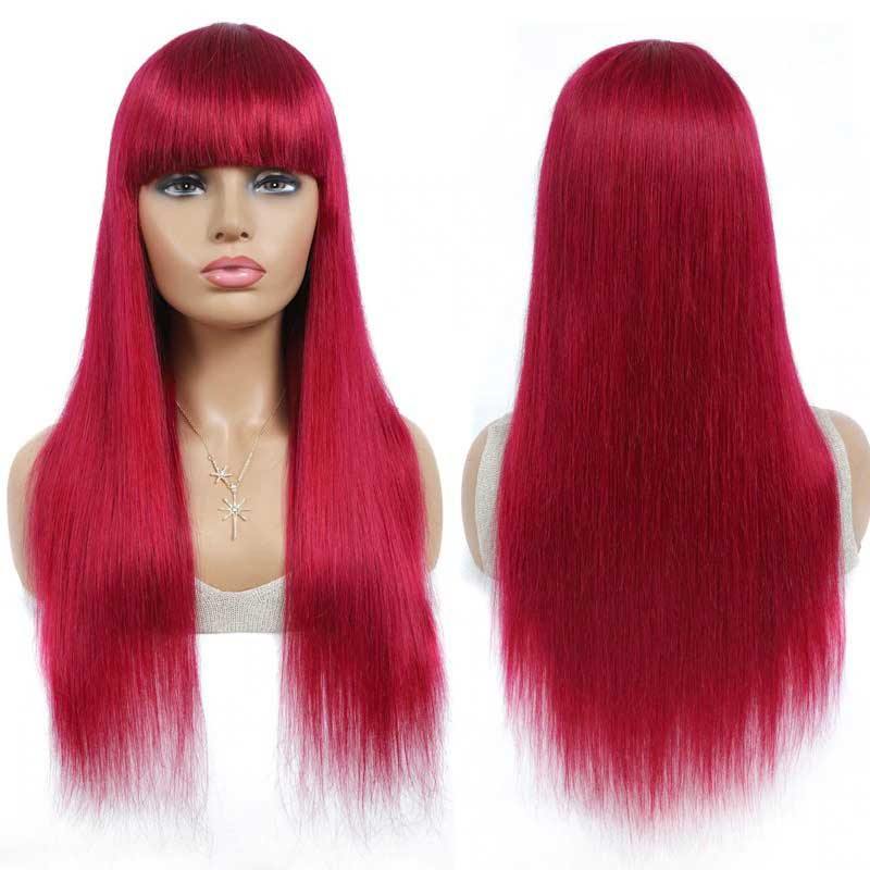 Amella Glue Free Human Hair Wigs Long Burgundy Straight/Body Wave Non-lace Wig With Bang High Density - amellahair
