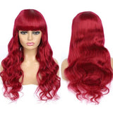 Amella Glue Free Human Hair Wigs Long Burgundy Straight/Body Wave Non-lace Wig With Bang High Density - amellahair