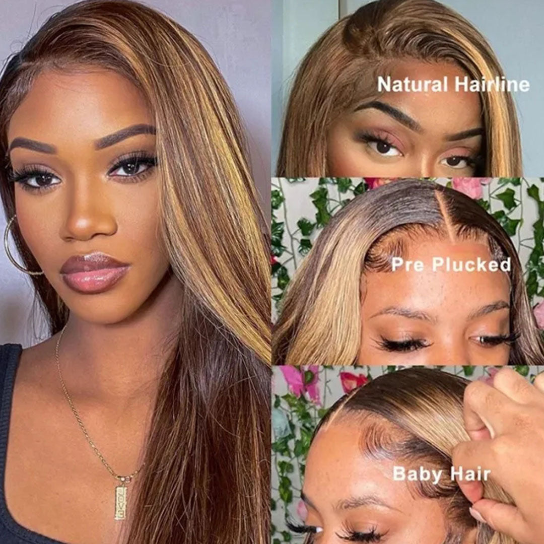 Amella 13x4 Lace Frontal Wig Fall Color Brown Hair With Honey Blonde Highlights Straight Human Hair-amellahair