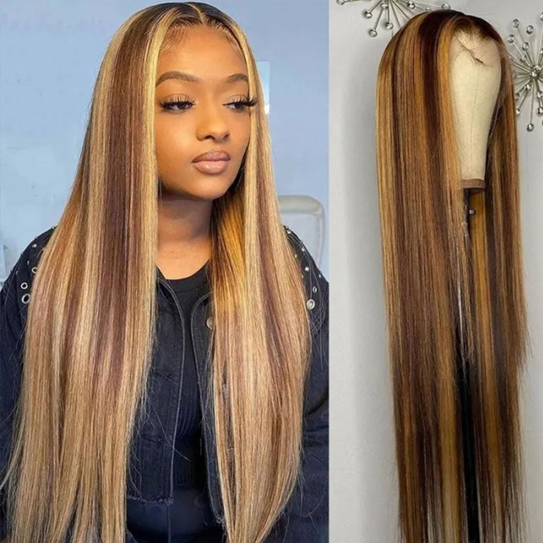 Amella 13x4 Lace Frontal Wig Fall Color Brown Hair With Honey Blonde Highlights Straight Human Hair-amellahair