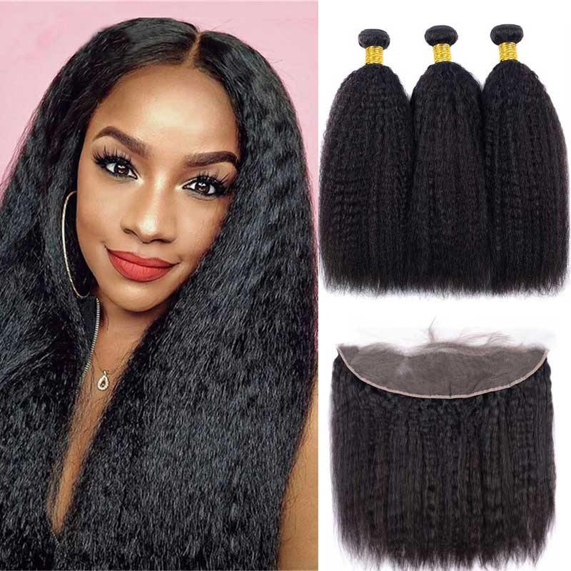 Amella Kinky Straight Hair 3 Bundles with 13*4 Lace Frontal Virgin Human Hair - amellahair