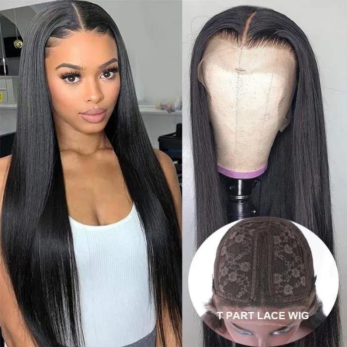 Amella Straight T-Part 13x4 Lace Front Human Hair Wig Natural Black for Women 180% Density- amellahair