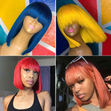 Amella Straight Bob Virgin Human Hair Wigs With Bangs Machine Made Straight Colorful Wig